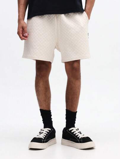SUMWON Men's Cream Herringbone Pattern Drawstring Casual Shorts With Elastic Waistband Regular Fit Summer Bermuda Style Mid Thigh Length Relaxed Comfort Shorts