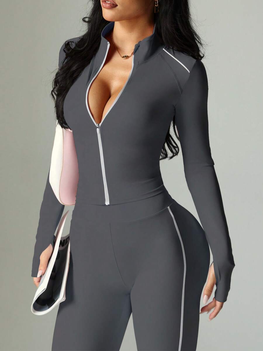 SHEIN Sovereign Charm 秋冬春季女士运动套装两件套，包括：修身撞色全拉链长袖外套（带拇指孔和撞色饰带），搭配撞色拼接高腰喇叭紧身裤。适合日常休闲穿着、跑步、瑜伽、健身、网球等运动。