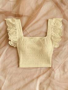 Soleia Áo croptop dệt kim xếp ly, viền hoa thanh lịch dành cho nữ, thích hợp mặc đi nghỉ mát. - Màu vàng - Xem 5