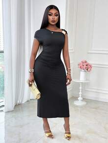 Xyvia Asymmetrical Neckline Waist Cinched Flared Elegant Romantic Dress For Women - Black - View 4