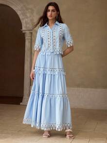 MOTF PREMIUM SPRING/SUMMER WOMEN'S SHORT SLEEVE SHIRT WITH HOLLOW PATCHWORK, BUTTERFLY RUFFLE TRIM, RUFFLE HEM A-LINE SKIRT 2 PIECES SET VACATION ELEGANT - Blue - View 9