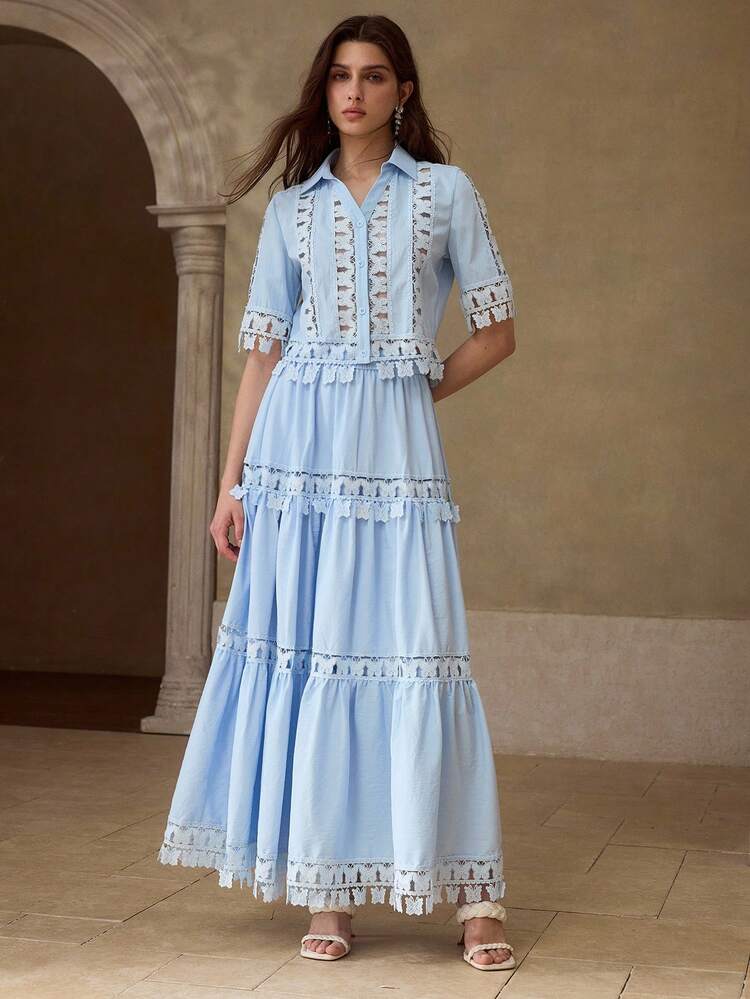 Spring/Summer New Women's Short Sleeve Shirt With Hollow Patchwork, Butterfly Ruffle Trim, Ruffle Hem A-Line Skirt 2 Pieces Set