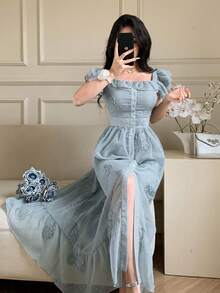 Vestido de tirantes, con volantes, estampado floral diminuto, con cuello de pico, estilo para ir al trabajo, vestido largo - Gris azul - Ver 9