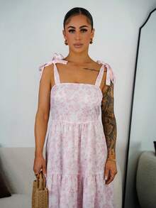 SAYEHFBABY French Elegant Ruched Waist Floral Print Flared Dress, Sleeveless Flowy Dress, Light Blue Floral Summer Dress - Pink - View 6