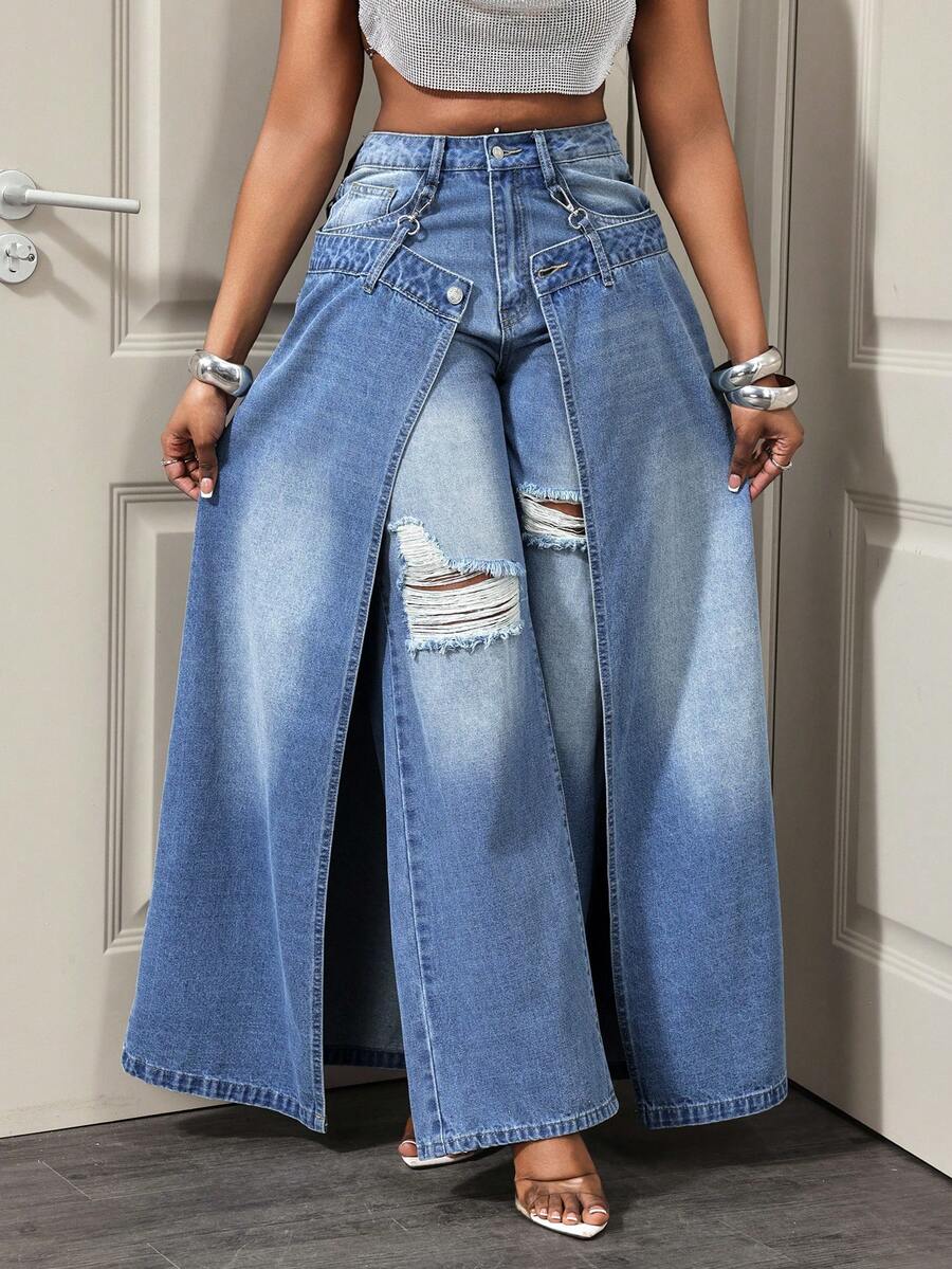 Slaydiva Váy quần denim nữ, thiết kế hai kiểu đa năng, thời trang và thoải mái. - Rửa nhẹ - Xem 1