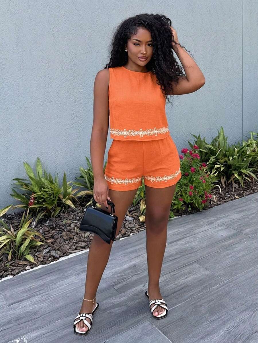 Alexandranx Women's Woven Leisure Vacation Summer Two Pieces Set - Orange - View 1