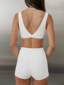 Aralina Bộ đồ thể thao năng động 2 mảnh dành cho nữ: Áo croptop và quần short chéo phía trước, thích hợp cho tập gym và tập luyện. - trắng - Xem 7