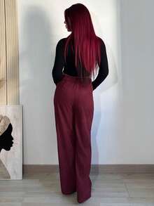 Bearsaez Women Casual Solid Color Straight Leg Pants, Autumn - Burgundy - View 2