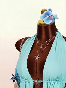 Women's Halter Backless 2 Pieces Set, Crystal Tassel Hem Sexy Pure Style, Suitable For Beach, Cute Vacation Vibe Beach Party Outfit For Women Cover Ups For Bathing Suits Women Summer Outfit For Women Beachwear Bikinis Set For Women With Cover Up Bathing Suit With Cover Up Set - Blue - View 6