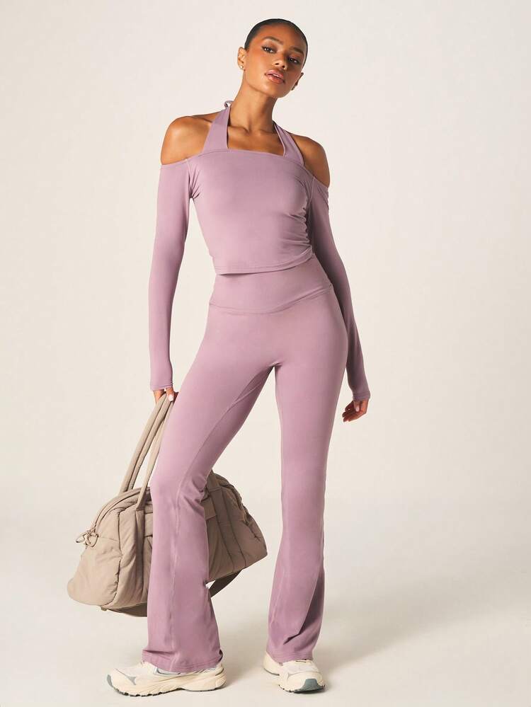 MISSGUIDED Women Cold Shoulder Long Sleeve Crop Top Flare Pants Two Piece Halter Neck Tie Detail Matching Set