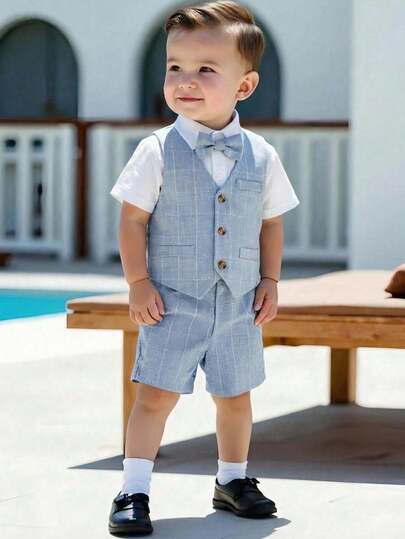 SHEIN 3pcs Young Boys Light Blue Summer Cute Gentleman Outfit Set: Plaid Vest, Shorts, Short Sleeve Shirt With Bow Tie, Suitable For Birthday Party, Christening, 1st Birthday Celebration, Formal Occasions, Performances, Weddings,Toddler Boy Clothes,Toddler,Wedding Guest,Suitable For Spring/Summer,Gowns For Wedding Occasions,My First Easter