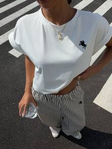Muchica Grey Knit Women's Homewear T-Shirt & Pants Set Summer Top Preppy Top Preppy Tops Aesthetic Tops - Multicolor - View 1