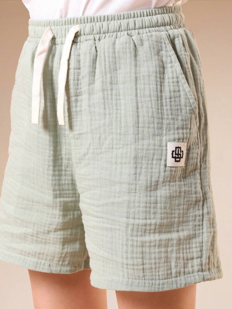 Boys Summer Woven Drawstring Shorts With Side Pockets Casual Everyday Wear Sage Green Textured Cotton Blend Regular Fit
