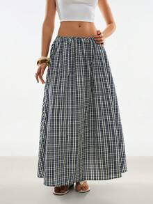 Poéselle Women's Plaid Loose Fit Fashionable Versatile Long Skirt, Summer - Blue - View 5