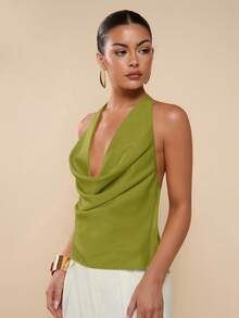 COSMINA Women's Solid Color Draped Neck Backless Sleeveless Summer Fashion Tank Top - Army Green - View 5