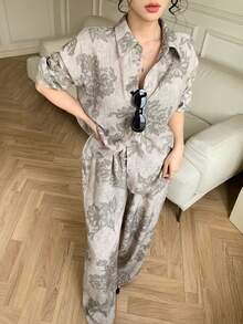 DAZY 女士印花翻领单排扣长袖上衣和阔腿裤休闲两件套 - 灰色 - 查看 4