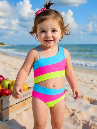 SHEIN Playful Pals Baby Girl Colorblock Striped Hollow-Out One-Piece Swimsuit Toddler Swimsuit 2t Bathing Suit Girl 2t Swimwear Girl Neon Toddler Swimsuit Girl Swimsuit Neon Swimsuit Girl Girls Bathing Suit