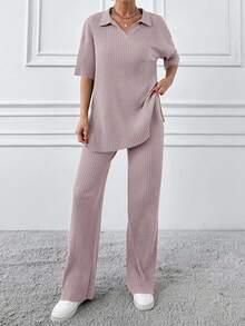 EURMUSE Cotton Two Pieces Set Polo Neck Top And Pant Set Rib Knit Fabric - Baby Pink - View 5