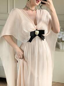 DAZY Pink And Black,Summer,Elegant,Party White Shiny Shawl-Style Bow Decor Dress,Suitable For Valentine's Day,Wedding,Formal Occasion,Fashion Event Dress - Pink - View 4