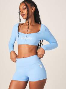 Missguided x Playboy Women's Light Blue Long Sleeve Crop Top And High Rise Shorts Two Piece Athletic Set - Blue - View 1