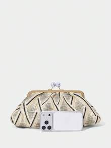 SHECARRY Túi xách nữ, ví cầm tay, túi cói, túi đan bằng rơm, thời trang, thanh lịch, đơn giản, cá tính, đa năng, thích hợp cho bãi biển, kỳ nghỉ, mùa hè, ven biển, tiệc bãi biển. - Màu be - Xem 4