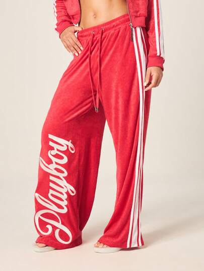 Missguided x Playboy 毛圈布阔腿抽绳慢跑裤，侧边条纹和文字细节