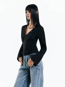 Airlisse Women's V-Neck Zip-Up Fitted Jacket, Spring/Summer Y2K 2026 Spring/Summer Black Top - Black - View 8