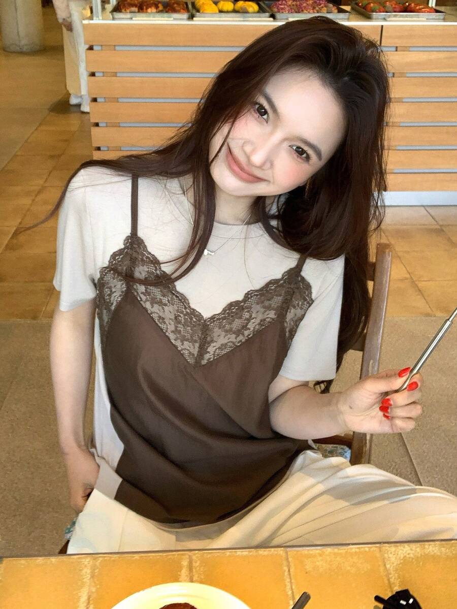 DAZY Women's 2 In 1 Long Sleeve T-Shirt, Korean Style, Spring/Autumn - Coffee Brown - View 1
