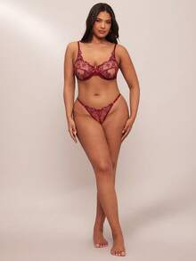 SHEIN BAE Conjunto De Lencería De Tanga Con Malla Transparente Y Bordado Floral De Talla Grande Y Con Aros - Burdeos - Ver 3
