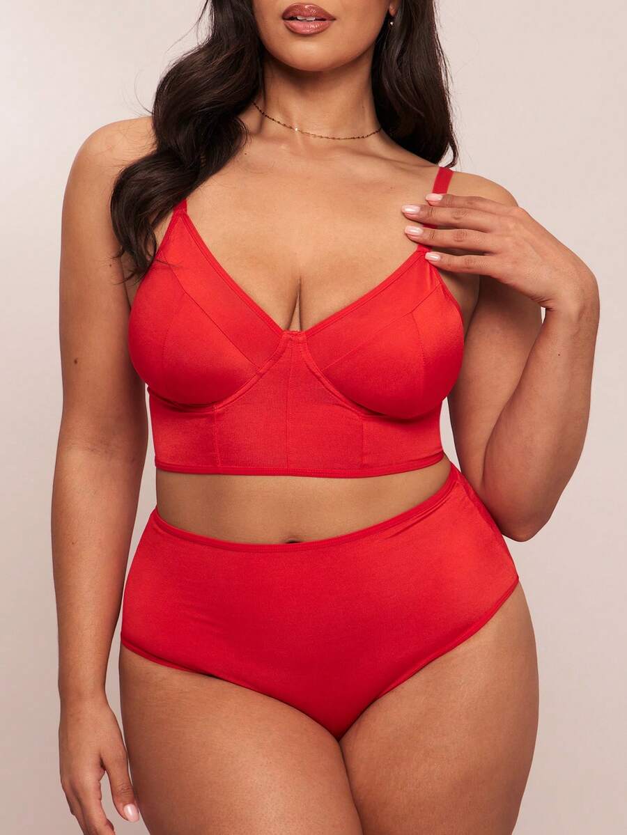 SHEIN BAE 大码女士内衣套装、纯色吊带背心和高腰内裤 - 紅色 - 查看 1