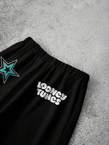 LOONEY TUNES X SHEIN 男童卡通印花撞色滚边圆领短袖T恤和条纹数字印花短裤套装 - 白色 - 查看 6