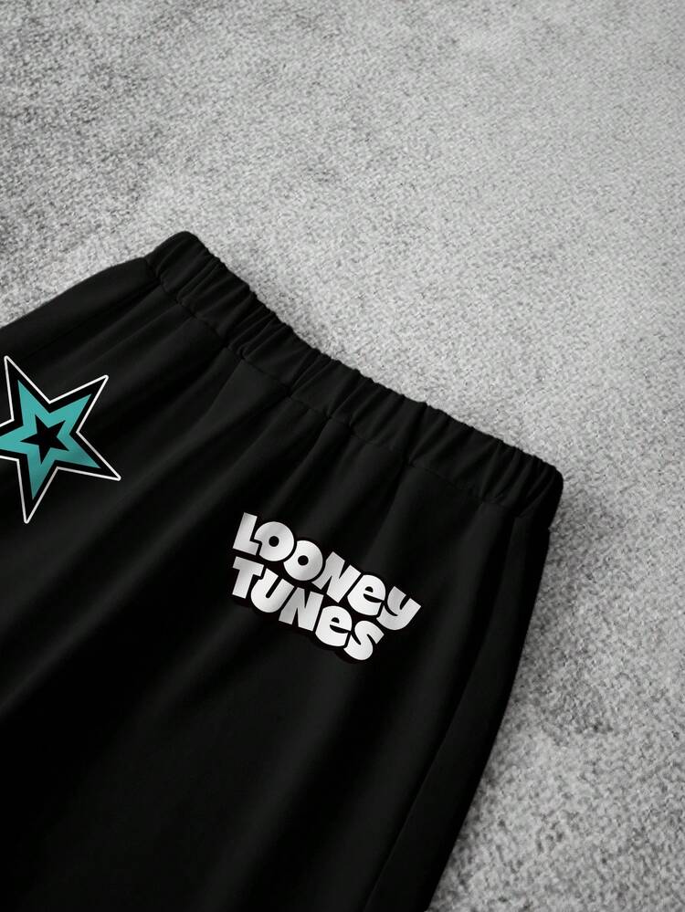 LOONEY TUNES X SHEIN Conjunto de camiseta de manga corta con cuello redondo y ribete de contraste con estampado de dibujos animados, y pantalones cortos estampados con rayas y números para niño preadolescente - Blanco - Ver 6