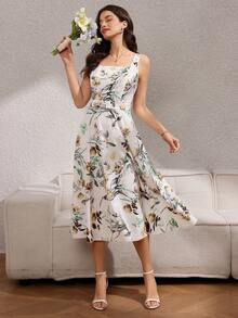 Rafferiza 女士时尚优雅印花收腰连衣裙 - 黃色 - 查看 3