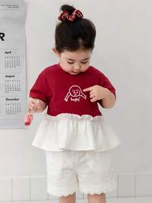 DAZY Blusa de manga corta con cuello redondo, volantes y contraste de color para niñas pequeñas - Rojo - Ver 1