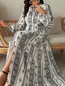 Vivie Lora Women's Round Neck Loose Waist Shirt Dress, Mid-Length - Black and White - View 1