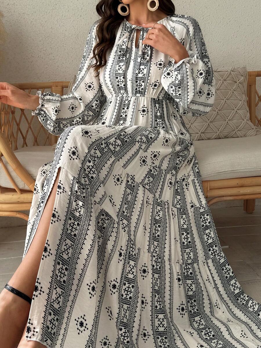 Vivie Lora Women's Round Neck Loose Waist Shirt Dress, Mid-Length - Black and White - View 1