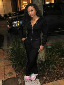 Steph T Women's Zip-Up Hooded Top And Pants Set Fall Cloth For Women - Black - View 4