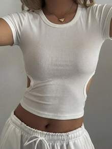 DAZY 女士夏季圆领露背镂空修身短款街头休闲性感短袖T恤 Y2k - 白色 - 查看 4