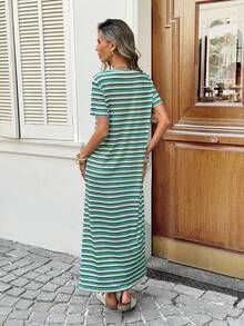 SHEIN LUNE Đầm nữ dáng suông kẻ sọc, có thắt lưng trang trí, thích hợp cho kỳ nghỉ hè, đi làm, mặc hàng ngày, là trang phục thời trang cơ bản với tay ngắn và chiều dài đến đầu gối. - Nhiều màu - Xem 2