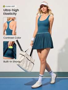 CourtClass Women's Contrast Binding Racerback Tank Top And Pleated Skirt Tennis Outfit - Blue - View 1