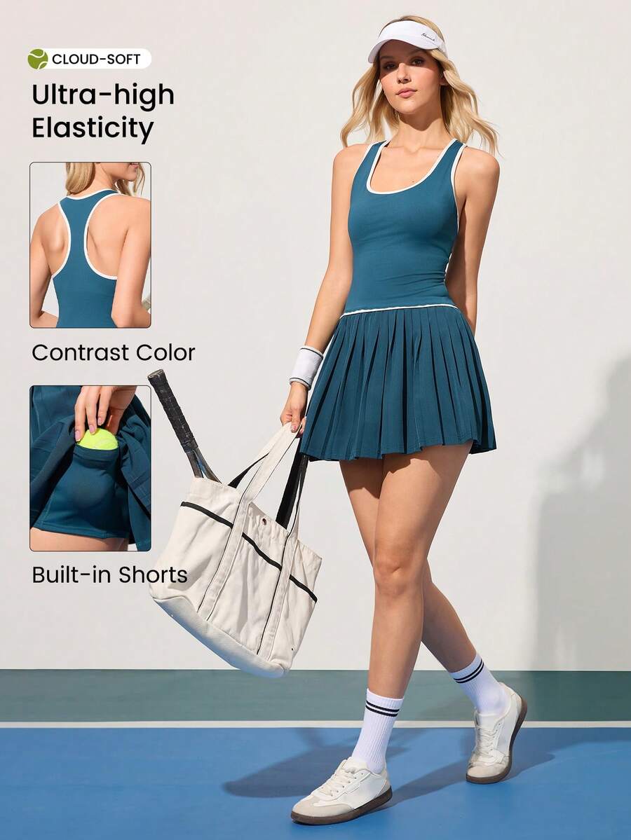 CourtClass Women's Contrast Binding Racerback Tank Top And Pleated Skirt Tennis Outfit - Blue - View 1