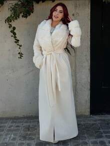 Bearsaez Damen einfarbiger flauschiger Mantel mit Schalkragen, Langarm, elegant, Wollmischung, Vintage Mantel für Winter und Herbst, Damenkleidung für Halloween, Konzertoutfits im Winter, Damenkleidung im Winter, Pelzmantel, stilvoller und warmer Mantel, geeignet für Partys und Ausflüge - Aprikosenfarben - Übersicht 4