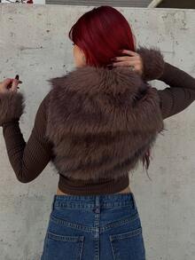 Bearsaez 时尚街头风格女士仿皮毛拉链长袖夹克 - 棕色 - 查看 2