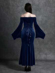 Glisette Vestido de manga larga con hombros descubiertos de terciopelo negro vintage de punto para mujer, otoño/invierno - Dark Blue - Ver 2