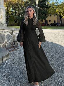 Jeta Ari Solid Color Lace Trimmed Button Decoration Long Sleeve Dress Maxi Women Outfit - Black - View 6
