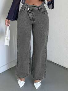 Alexandranx 女士休闲不对称腰斜插口袋水洗牛仔裤 - 深灰色 - 查看 5