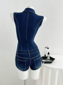 Elamini Bộ áo liền quần denim dáng ôm, không tay, màu trơn dành cho nữ - Rửa tối - Xem 2