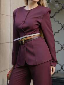 Elenary Edit 2pcs Women's Minimalist Solid Color Single-Breasted Blazer And Pants Suit Set, Office/Commute,Fall,Fall Clothes For Women - Burgundy - View 3