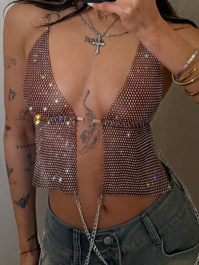 SHEIN Jeanoir 女士渔网超短派对上衣，性感透视闪亮款，适合假日派对