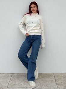 Bearsaez 女士心形刺绣拼布插肩袖毛衣、长袖上衣、秋冬针织毛衣 - 藍色 - 查看 6